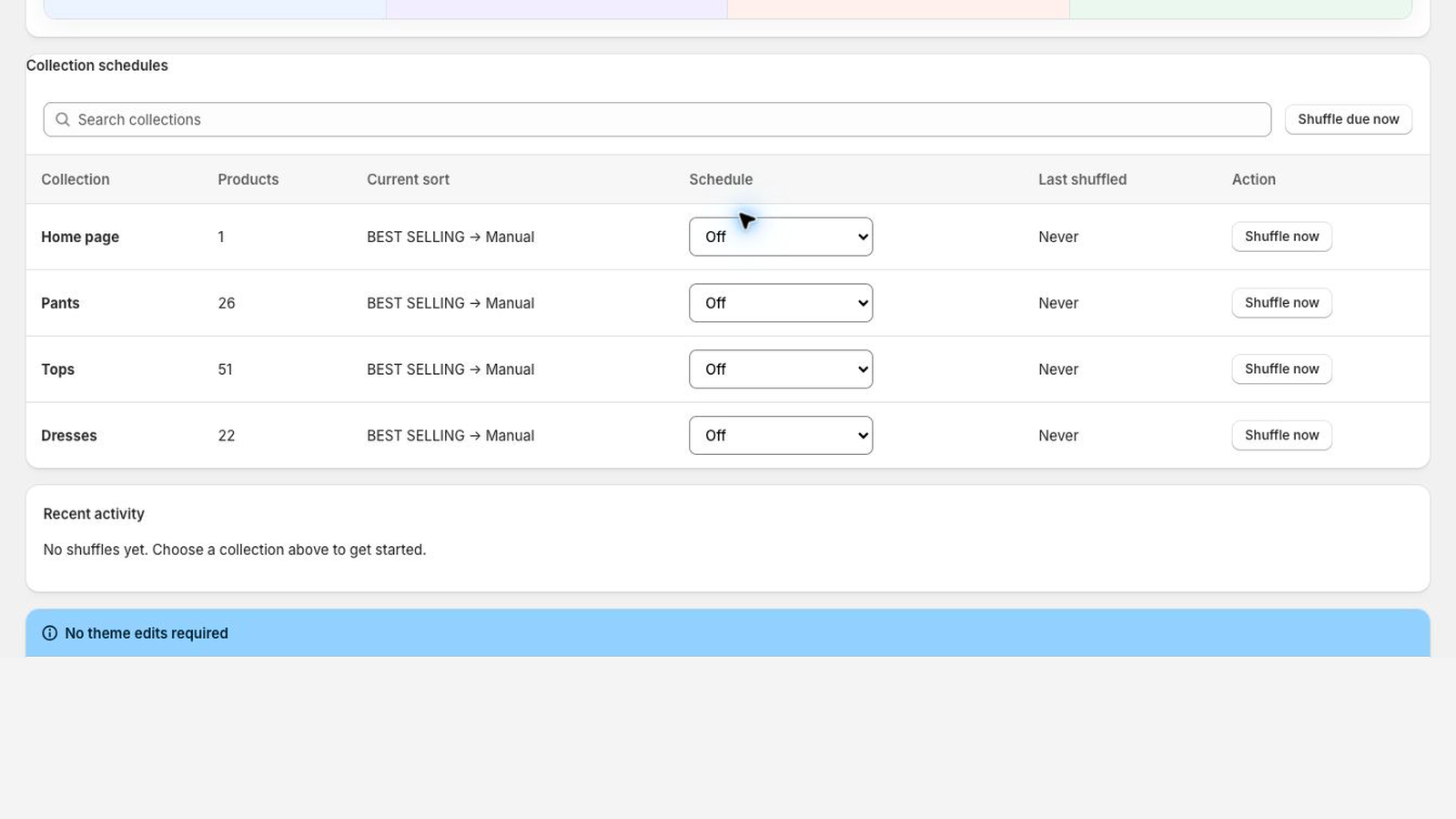 CollectionShuffler dashboard showing plan status and collection schedules.