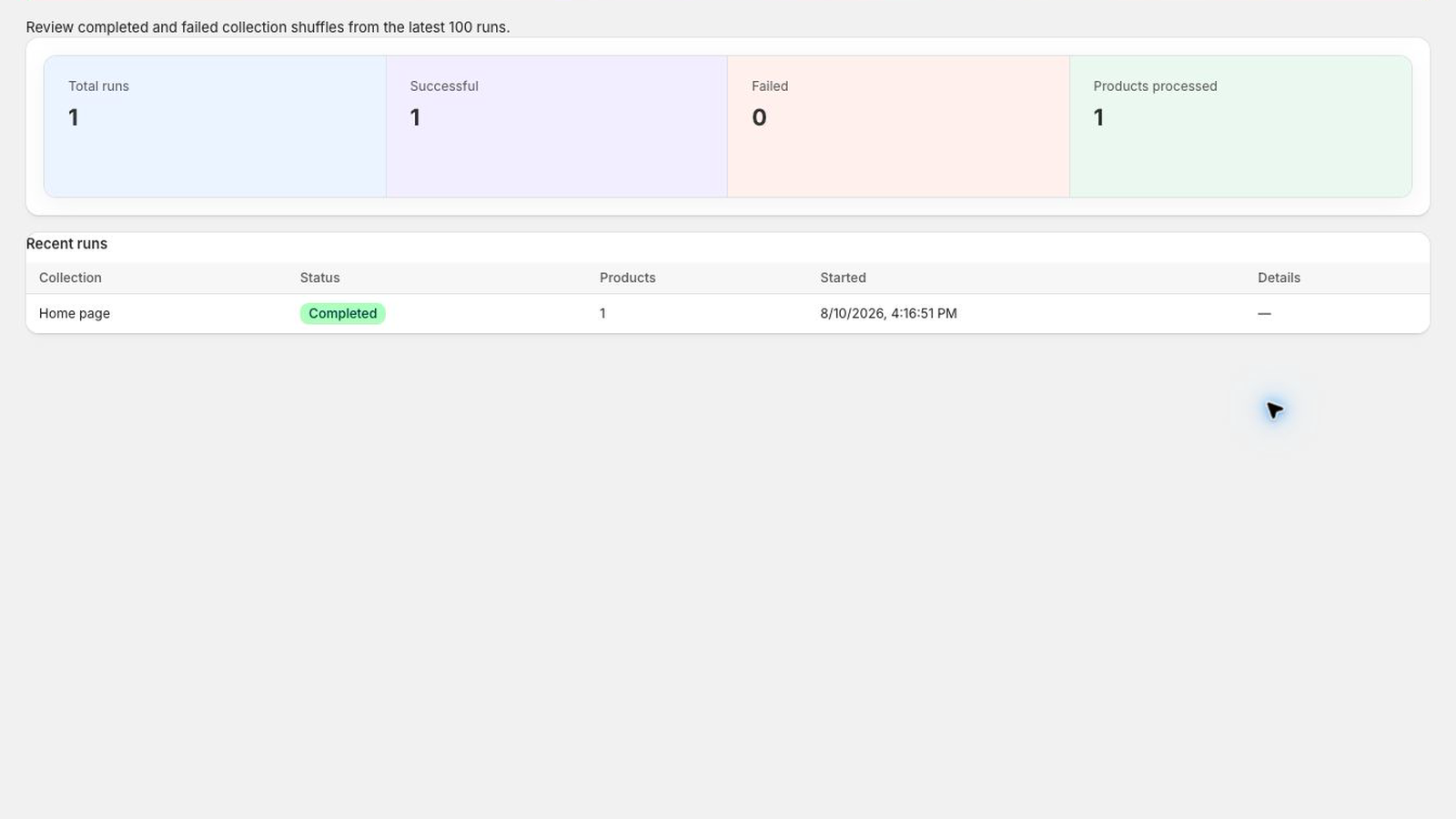 CollectionShuffler activity page with run totals and processed product counts.